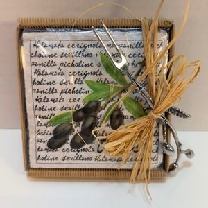 Mud Pie Olive Napkin Set Silver Olive Branch Fork Server Rustic Party Dinner NEW